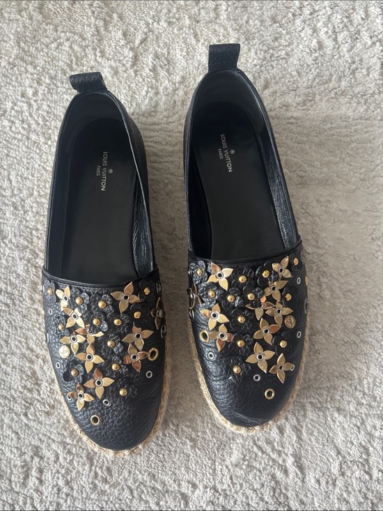 Louis Vuitton Shoes - Louis Vuitton Size 39 Black Leather Espadrilles with Gold Flower Studs